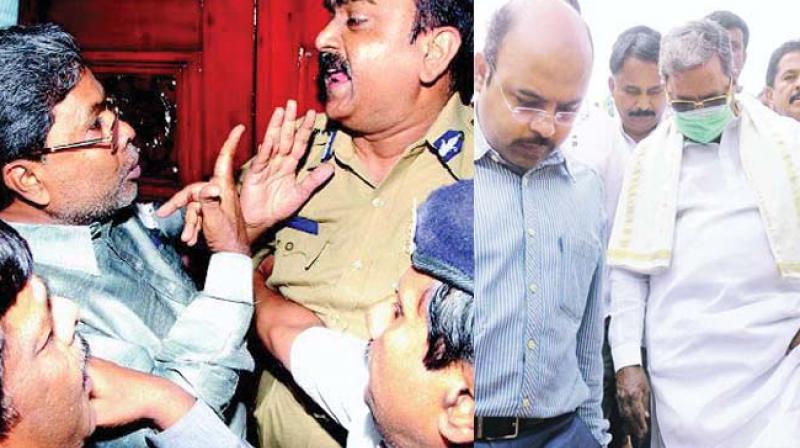 A file photo of then police commissioner Shankar Bidari preventing Opposition leader Siddaramaiah from entering the assembly that witnessed ruckus over disqualification of independent legislators in 2010. (Right) A file photo of CM Siddaramaiah and his son Yatindra in Varuna  constituency.