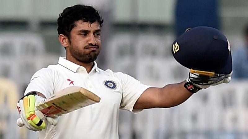 Indias Karun Nair celebrates after scoring 300 runs during the fourth day of the fifth cricket test match against England at MAC Stadium in Chennai on Monday (Photo: AP)