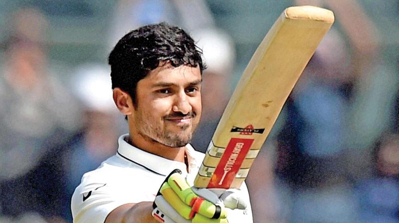 Indias Karun Nair celebrates his triple century during the fourth day of the fifth Test against England at the MAC Stadium in Chennai on Monday (Photo: AP)