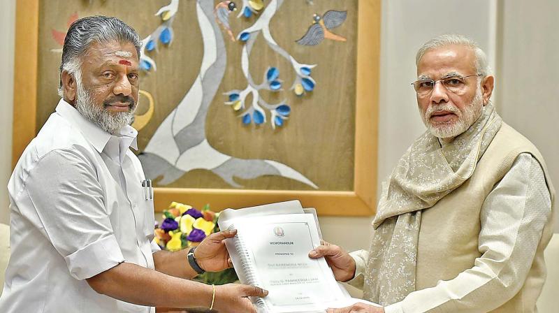 TN CM Panneerselvam submits a list of demands from the state to PM Modi on Monday. (Photo: DC)