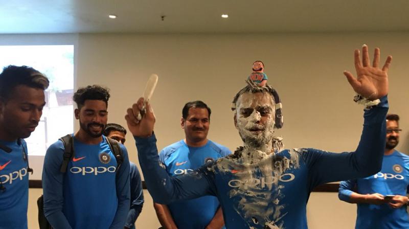 Virat Kohli, who now is the second highest four-hitter in Twenty20 cricket, received a special cake treatment as he turned 29 on November 5. (Photo: Twitter / BCCI)