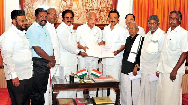 DMK working president M.K. Stalin along with alliance party leaders on Friday submits a petition to Governor Banwarilal Purohit on Cauvery issue.   (Photo:DC)