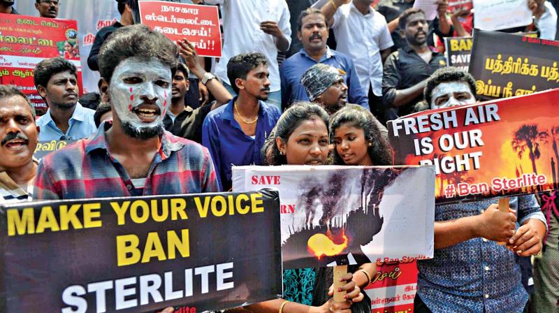 Protesters raise slogans against Sterlite copper near Rajarathinam stadium in Egmore on Sunday demanding permanent closure of the plant  (Photo: DC)