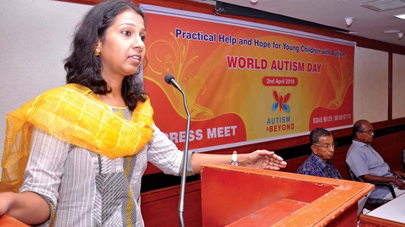 Ahead of World Autism Awareness Day that is observed on April 2, Deepa Malini, certified developmental therapist addressing the media in Coimbatore.(Photo: DC)