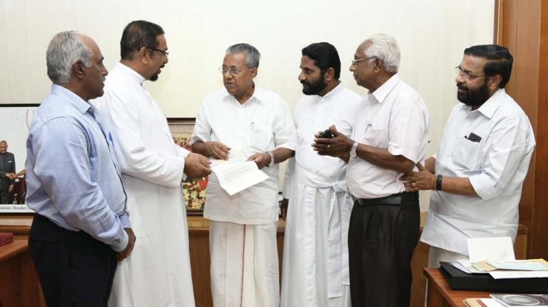 The contribution of 1,11,48,000 made by the ICSE and ISC schools to the Chief Ministers Relief fund being handed over to Chief Minister Pinarayi Vijayan by Council for Indian Schools Certificate Examinations (CISCE) council member Fr George Mathew Karoor. Dewaswom minister Kadakampally Surendran, ICSE school association Kerala chapter President Fr James Mullaserry and members A.C. George and Bijoy Varghese are also seen.