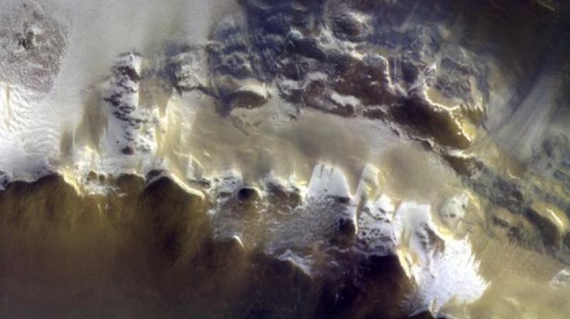 The ExoMars Colour and Stereo Surface Imaging System, CaSSIS, captured this view of the rim of Korolev crater (73.3ÂºN/165.9ÂºE) on 15 April 2018. Scientists combined three pictures taken by the Trace Gas Orbiters camera instrument, CaSSIS, from an altitude of 400 kilometers (249 miles). (Photo: AP)