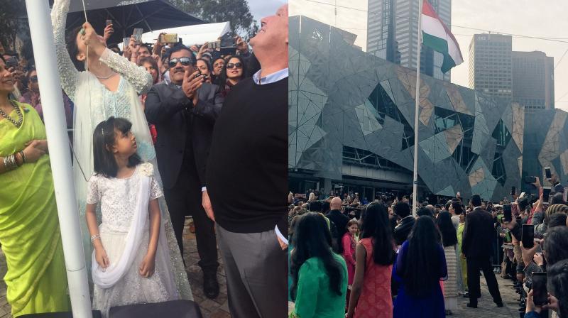 Aishwarya with daughter Aaradhya hoists the Indian National Flag at Federation Square.