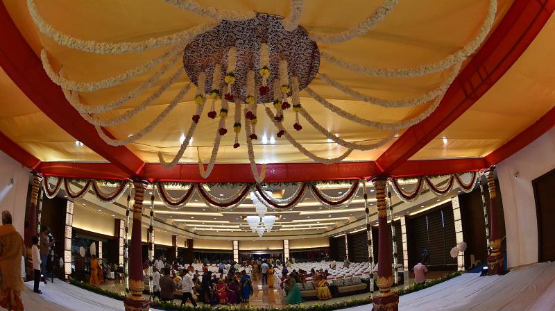 The wedding venue decorated tastefully in Vijayawada.