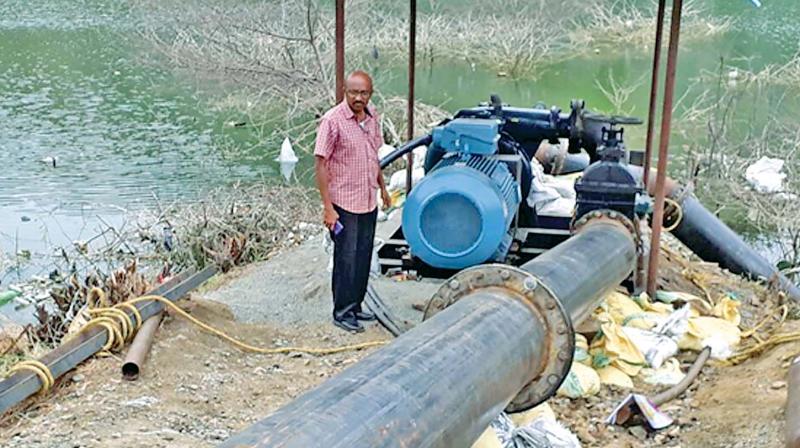 Chennai metro officials have fixed giant-sized  motors at quarries at Sikkarayapuram near Mangadu to tap water to meet water supply demand in Chennai. (Photo: DC)