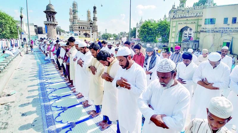 Muslims held Id-uz-Zuha  prayers at the Macca Masjid, in Hyderabad on Saturday. 	(Photo:DC)