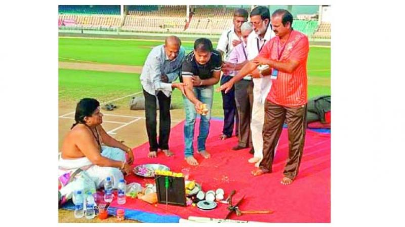 Before India took on West Indies on Wednesday, the Chairman of the National Senior Selection Committee, M.S.K. Prasad, and some other officials, conducted a puja on the pitch.