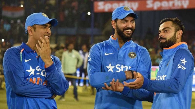 \Two of the greats stepping up as they have done so many times for Indian cricket,\ said a beaming Virat Kohli as he lauded Yuvraj Singh and MS Dhonis solid show in Indias win over England in Cuttack. (Photo: BCCI)