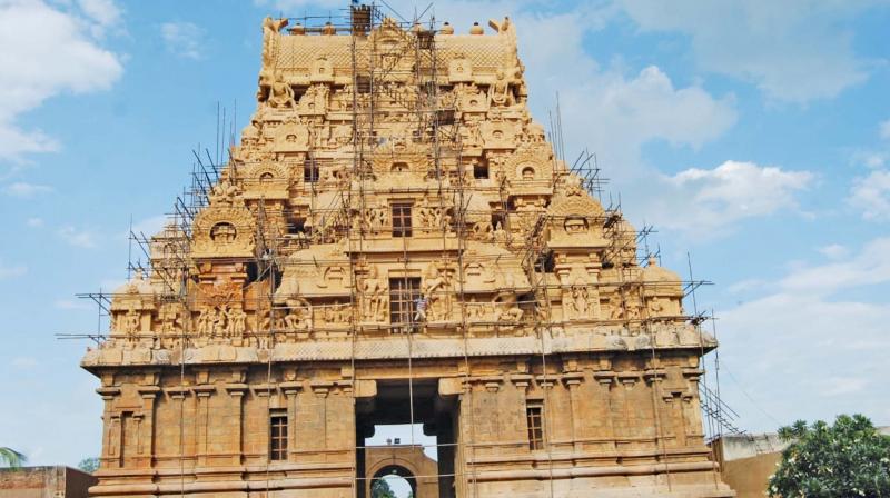 Partly cleaned Keralandhagan gopuram of the Big Temple in Thanjavur. (Photo:DC)