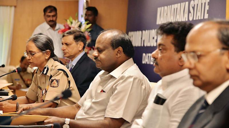 CM H.D. Kumaraswamy, Home Minister M.B. Patil, Chief Secretary Vijay Bhaskar, Principal Secretary Rajneesh Goel and DG & IGP Neelmani N. Raju during the Senior Police Officers Annual Conference at Police Headquarters, Nrupatunga Road in Bengaluru on Monday.