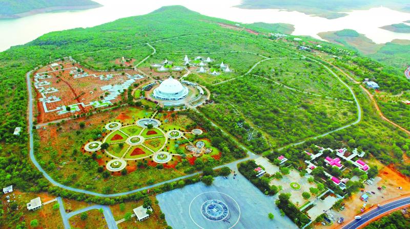 An aerial view of Buddhavanam, the Buddhist heritage theme park, at Nagarjunasagar. The theme park is the first of its kind in the country and depicts major events in the life of Buddha.