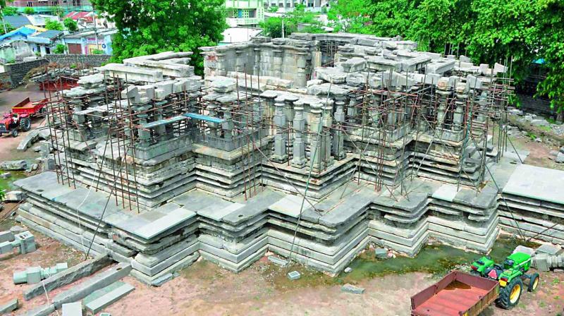 A view of the Kalyana mandapam of the 1,000 pillar temple being reconstructed at Hanamkonda.