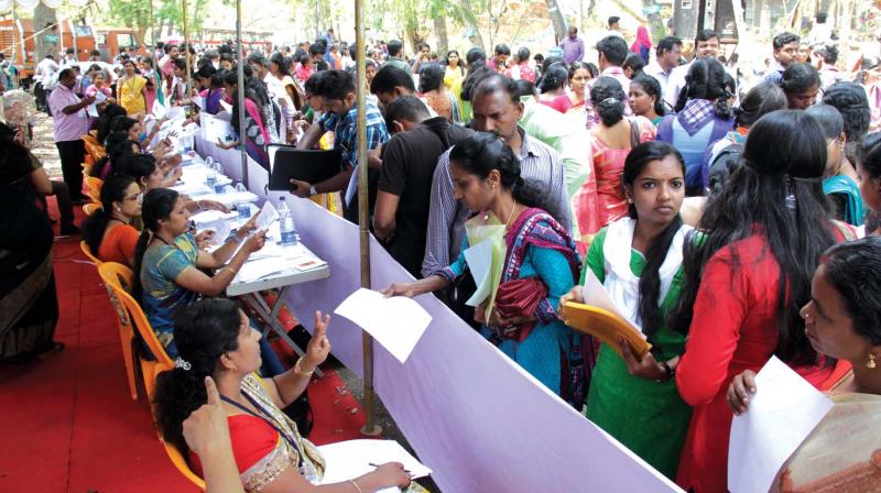 Mega job fair organised by national employment services department witnessed heavy rush at Government Womens College in Thiruvananthapuram on Saturday. (Photo: DC)
