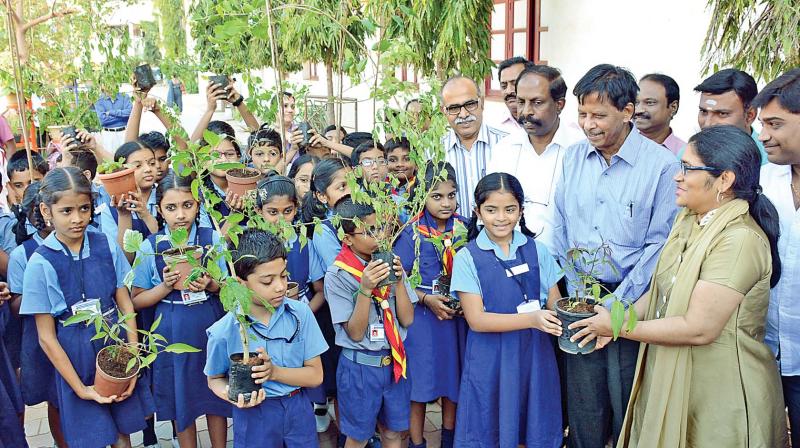 Saplings for planting were distributed on Tuesday as part of the SBIAO and Exnora Tree challenge. Participants also pledged to plant more trees. A R Raihanah distributes the saplings among school students. (Photo: DC)