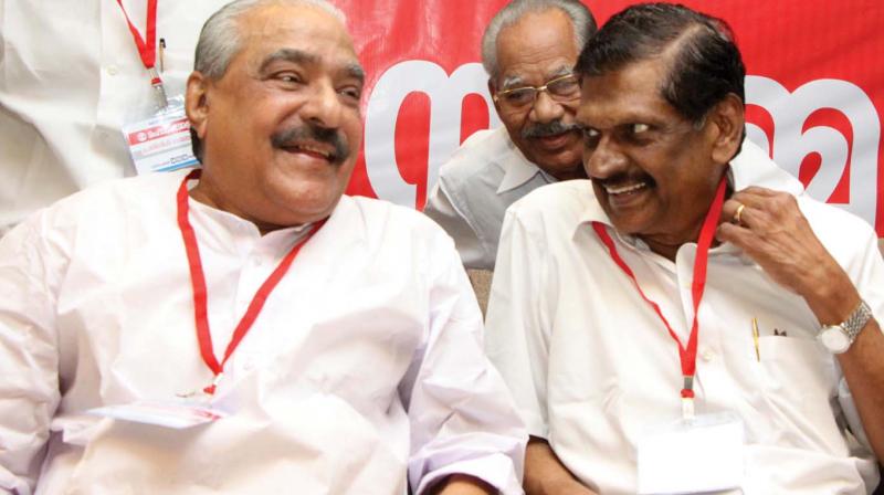 Kerala Congress (M) chairman K. M. Mani and working chairman P. J. Joseph during the party meeting in Kottayam on Saturday. (Photo: Rajeev Prasad)