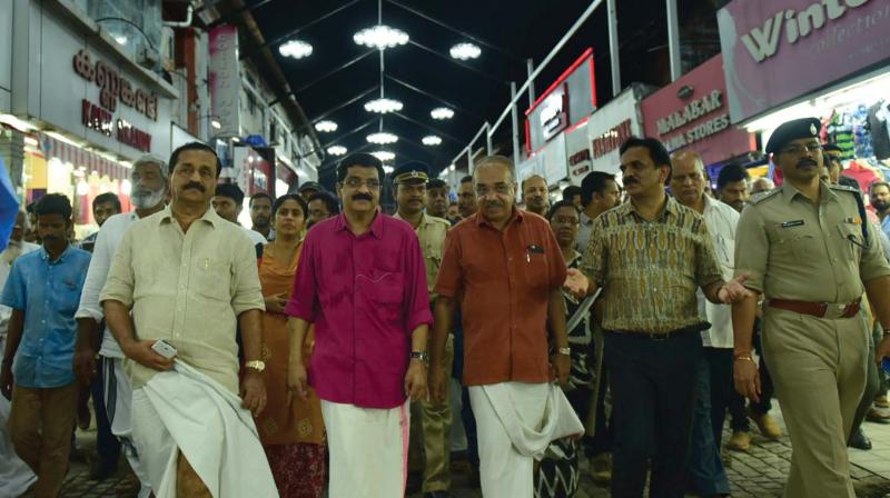 (From left) Mayor Thottathil Raveendran, M.K. Muneer, MLA, A. Pradeep Kumar MLA,  District collector U.V. Jose and city police commissioner S. Kaliraj Mahesh Kumar  on a final perusal of the SM Street which is ready to be declared heritage street by Chief Minister Pinarayi Vijayan on Saturday.  	DC