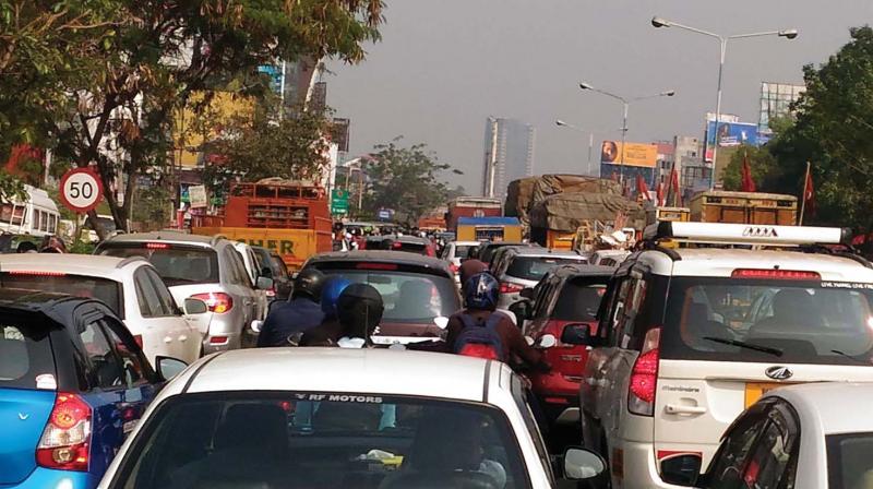 Traffic jam at Vytila Junction on Thursday.