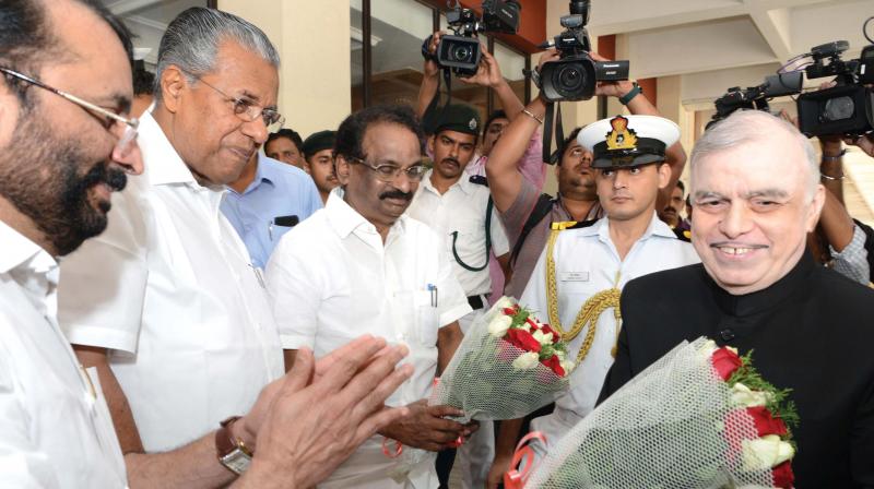 Speaker P. Sreeramakrishnan welcomes Governor P. Sathasivam at the Legislative Assembly on  Monday. Chief Minister Pinarayi Vijayan and Culture Minister A. K. Balan look on.  (Photo: A.V. MUZAFAR )
