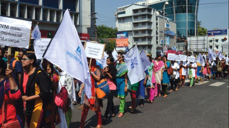 Nurses under the aegis of UNA take out a march to Secretariat in Thiruvananthapuram on Monday. 	(Photo: DC)