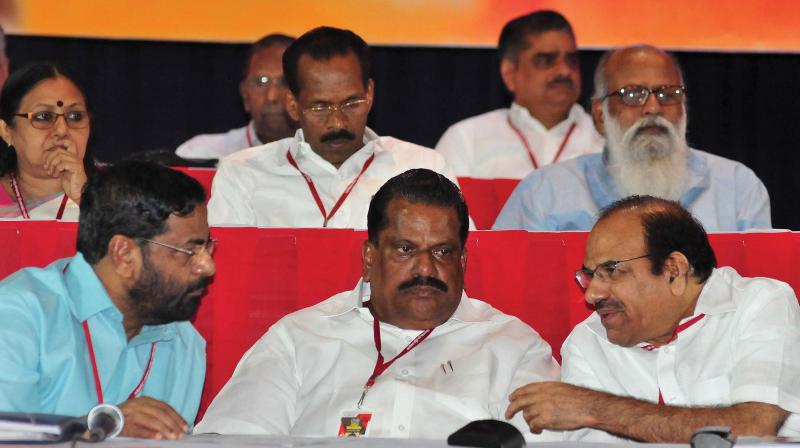 Tourism minister Kadakampally Surendran, CPM central committee member E. P. Jayarajan and party state secretary Kodiyeri Balakrishnan at the inauguration of CPM district conference at AKG hall in Thiruvananthapuram on Saturday.  (Photo: A.V. MUZAFAR)