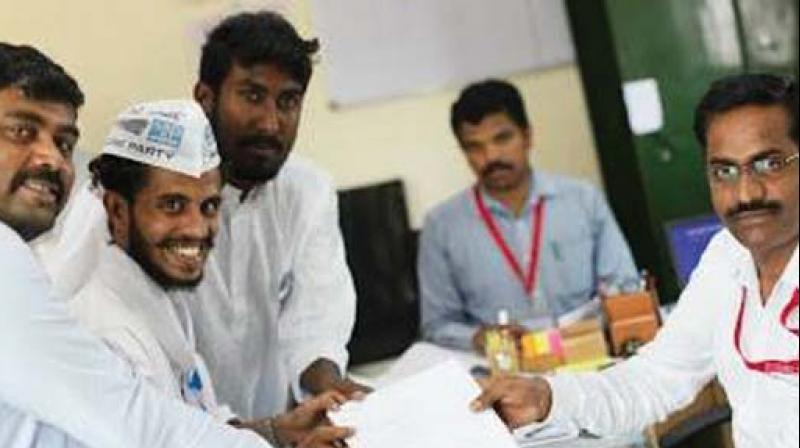 Ajit Babu filing his nomination at Ramanagara constituency. Election Commission has rejected his nomination on technical grounds