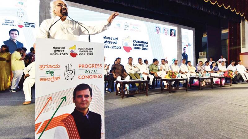 Technocrat Sam Pitroda speaks during the release of Congress Party manifesto in Bengaluru on Saturday  (Photo: DC)