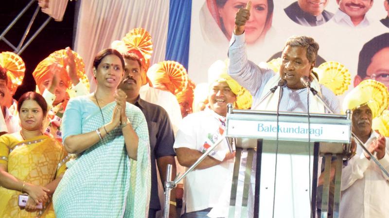 Chief Minister Siddaramaiah campaigns for Congress candidate Laxmi Hebbalkar (left) at Balekundri near Belagavi on Saturday  (Image: KPN )