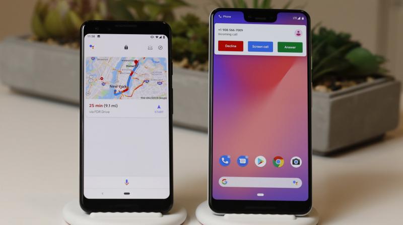 The left phone shows traffic information as part of assistant features on Stand and the right phone shows option to screen incoming calls. (Photo credit: AP)