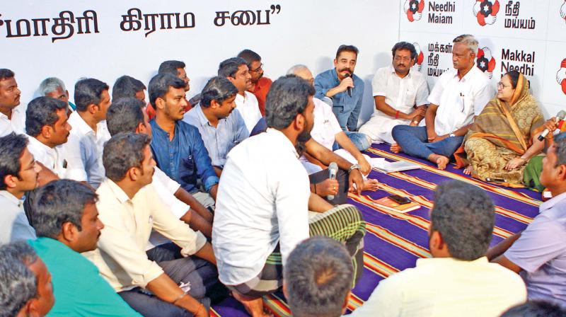 MNM founder and actor Kamal Haasan addresses his supporters at a mock grama sabha meeting at his office on Tuesday. (Photo: DC)