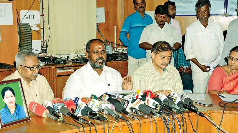 Revenue minister R.B. Udhayakumar addresses media in Chennai on Tuesday on the aftermath of the rough sea and high waves in southern coastal districts (Photo: DC)