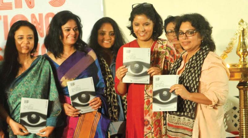 Film directors (Left to Right) Oorvazhi Irani, Sucheta Phule, Suman D Kittoor, Fowziya Fathima release the festival book of womens international film festival which began at Kozhikode Tagore hall on Monday. 	(Photo: DC)