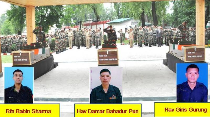 Chinar Corps Commander Lt. Gen. JS Sandhu was joined by top officials of the civil administration and those of various security forces operating in the Valley in paying rich tributes to Havaldars Giris Gurung and Damar Bahadur Pun and Rifleman Rabin Sharma in the ceremony.