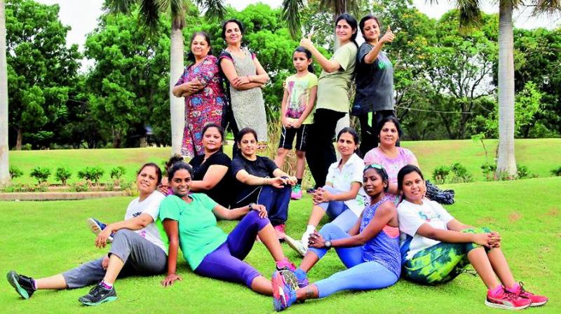 Babita Xavier with ladies from her fitness group at the Sanjeeviah park