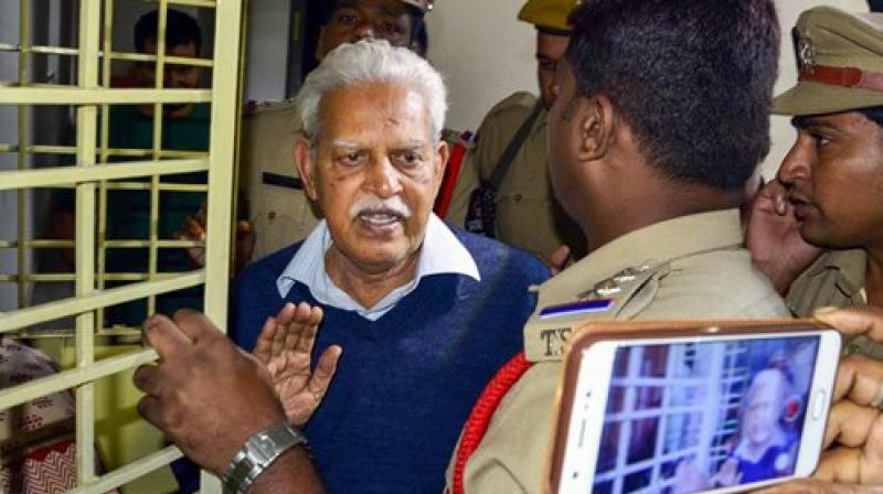 Poet-Social activist Varavara Rao as he returns home to be placed under house arrest, in Hyderabad on Thursday. (Photo: PTI)