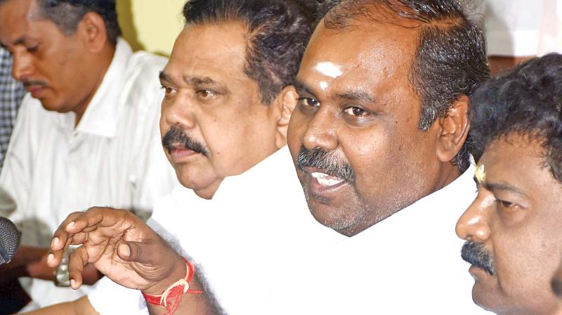 Revenue minister R.P. Udhayakumar and Thiruparankundram MLA A.K. Bose address mediapersons at Circuit House in Madurai on Saturday. (Photo: DC)