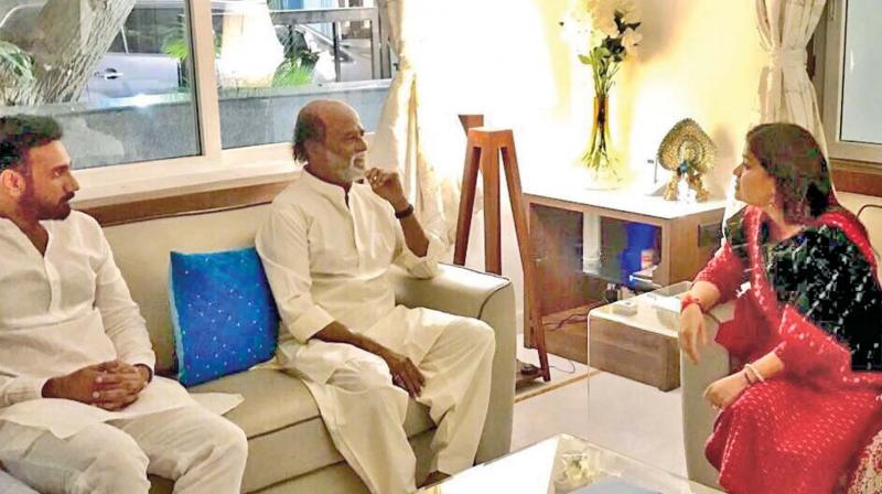 BJP Yuva Morcha national president Poonam Mahajan meets Superstar Rajinikanth at his Poes Garden residence in the city on Monday. (Photo: DC)