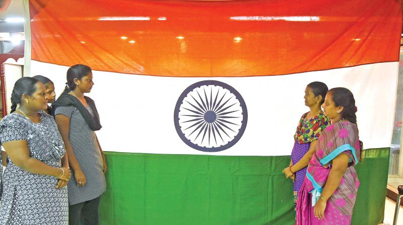 Huge national tricolour produced by the handloom weavers and they are made available through the Khadi Gramodyog Bhawan, adorn the Secretariat and other  government offices. (Photo: DC)
