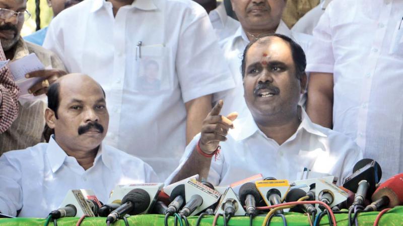 Revenue minister R.B. Udhayakumar addresses the media at MLA hostel on Thursday (Photo: DC)