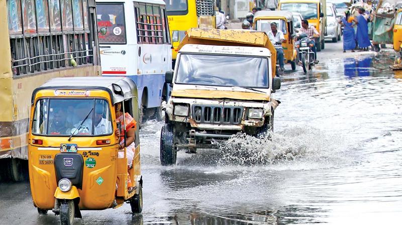 Water stagnation on Maduvankarai road after city  witnessed sharp showers on Monday evening. (Photo: DC)