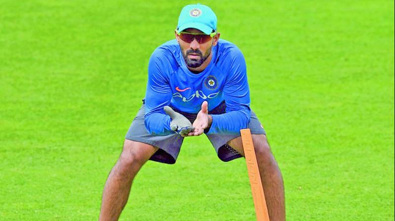 Dinesh Karthik in action during the training session.