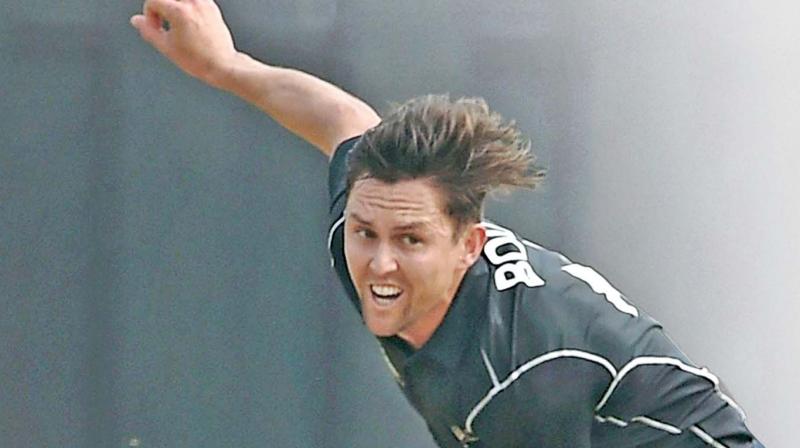 New Zealand pacer Trent Boult in action during a  practice match against Board Presidents XI in Mumbai on Tuesday. (Photo: AP)