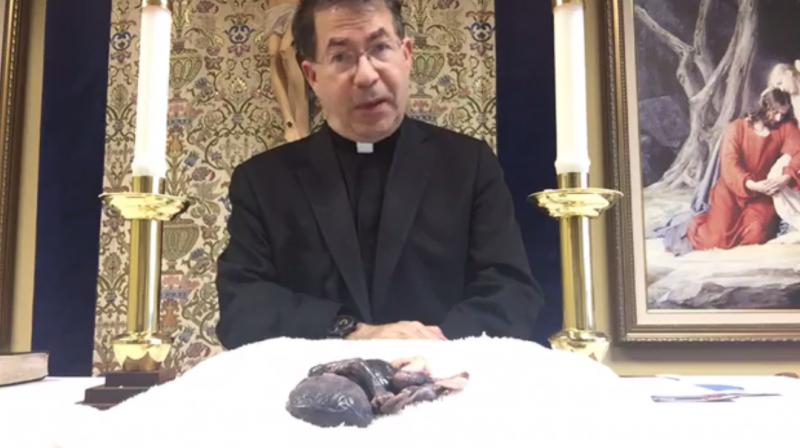 Rev. Frank Pavone with an aborted foetus in front of him. (Photo: Facebook videograb)