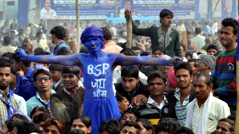 A BSP supporter at the party chief Mayawatis election rally in Agra. (Photo: PTI)
