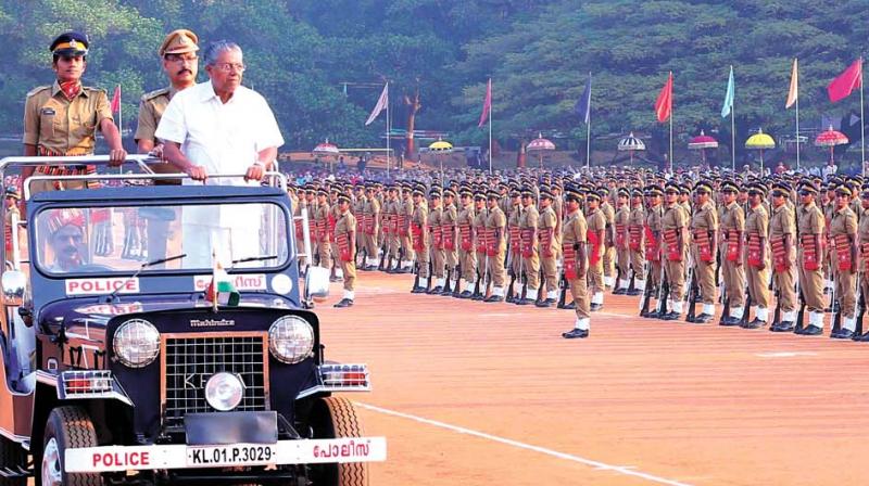 Chief Minister Pinarayi Vijayan during the passing out parade of women police  constables at Ramavarmapuram Police Academy in Thrissur on Friday. (Photo: ANUP K. VENU)