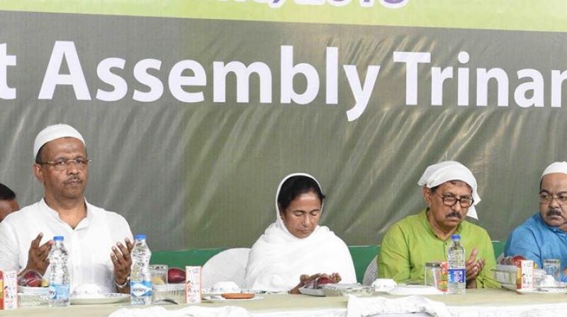 West Bengal Chief Minister Mamata Banerjee and her party leaders at a special prayer gathering to celebrate Eid-ul-Fitr in Kolkata. (Photo: Twitter | @MamataOfficial)