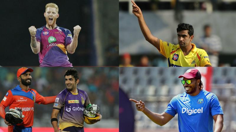 Troubled England all-rounder Ben Stokes, Indian off-spinner Ravichandran Ashwin, Indian opening batsman Gautam Gambhir and West Indian swashbuckling batsman Chris Gayle are among the 16 marquee players for the upcoming IPL Players Auction in Bengaluru on January 27 and 28.. (Photo: BCCI / AFP / PTI)